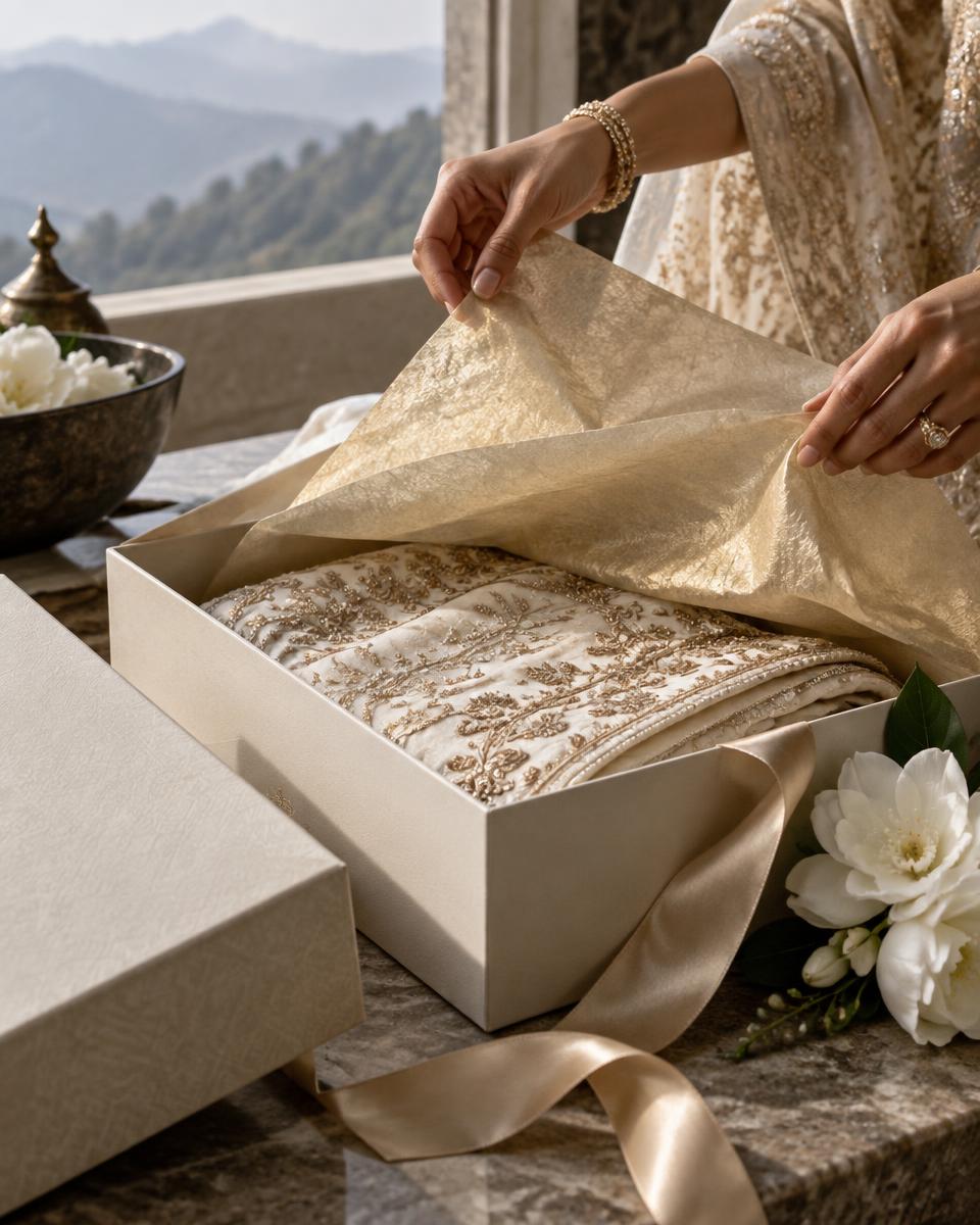 A bespoke HIMSAAJ gift being carefully unwrapped