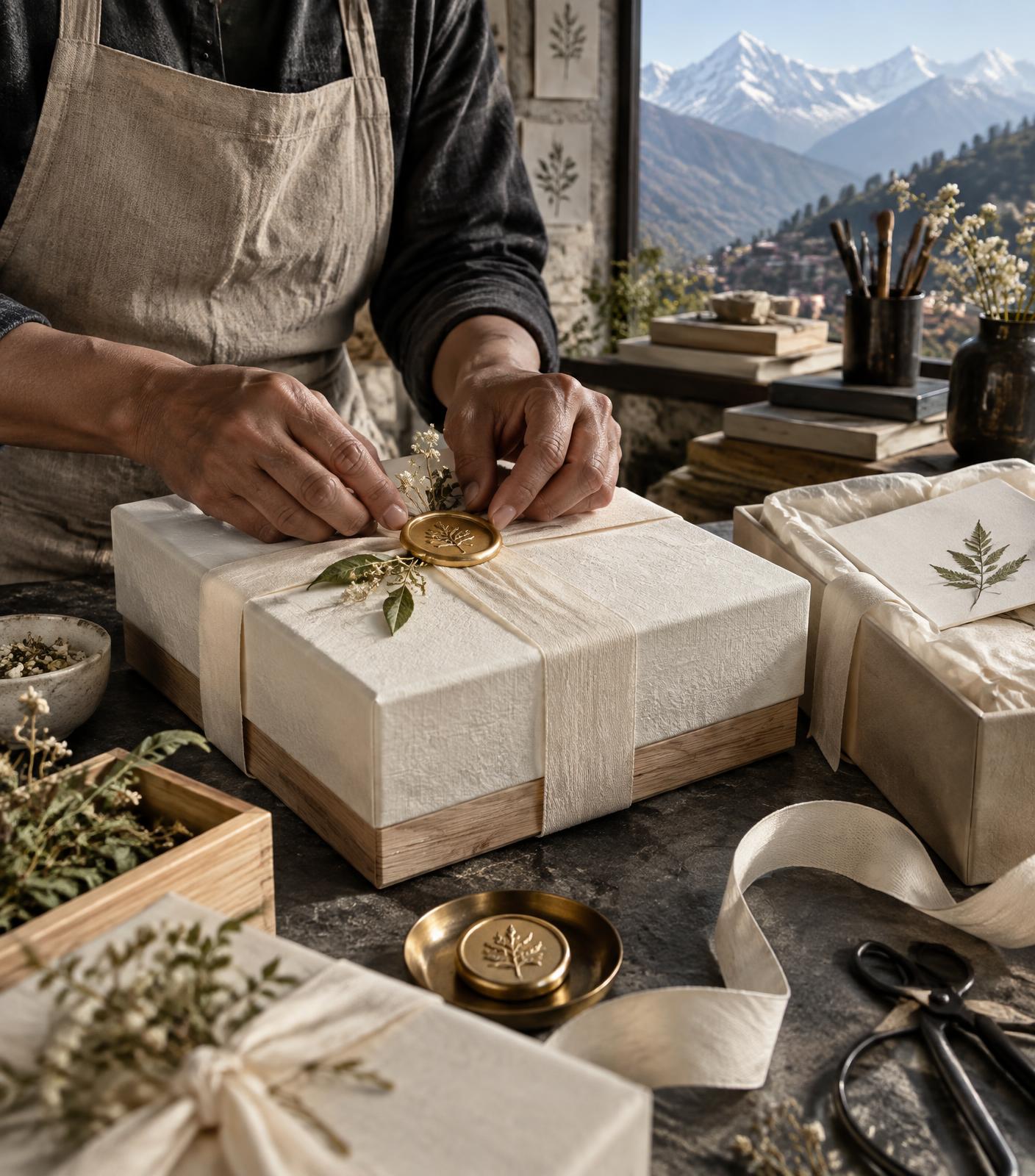 HIMSAAJ artisan finishing an ivory box with ribbon and wax seal in Dharamshala