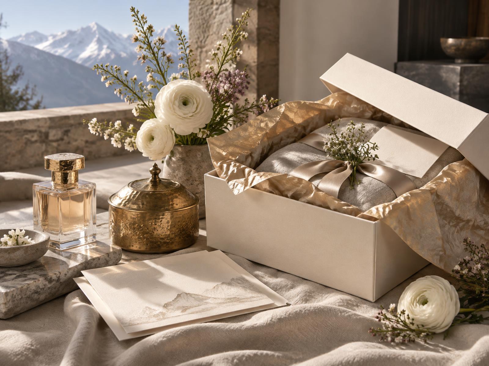 Ivory HIMSAAJ gift box with flowers, perfume and Indian brass craft against the Himalayas